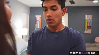 Busty petite milf Izi Blu Sky gives stepson a lingerie show and sex session