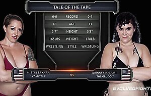 Mistress Kara lesbian wrestling vs Johnny Starlight bangs her with strapon